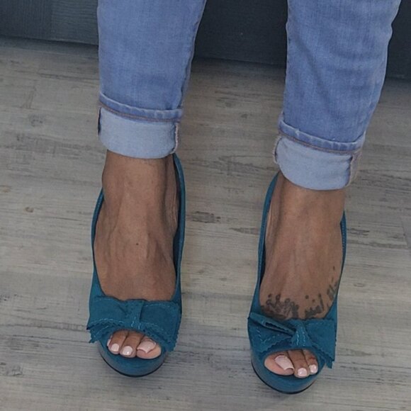 Dark Teal Blue Open Toe Platform Bow Heels Size 7.5 - Picture 5 of 7